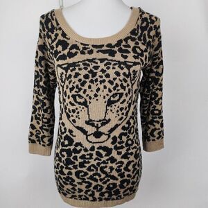 Cotton Emporium Sweater Cheetah Head Print 3/4 Sleeves Scoop Neck Womens M